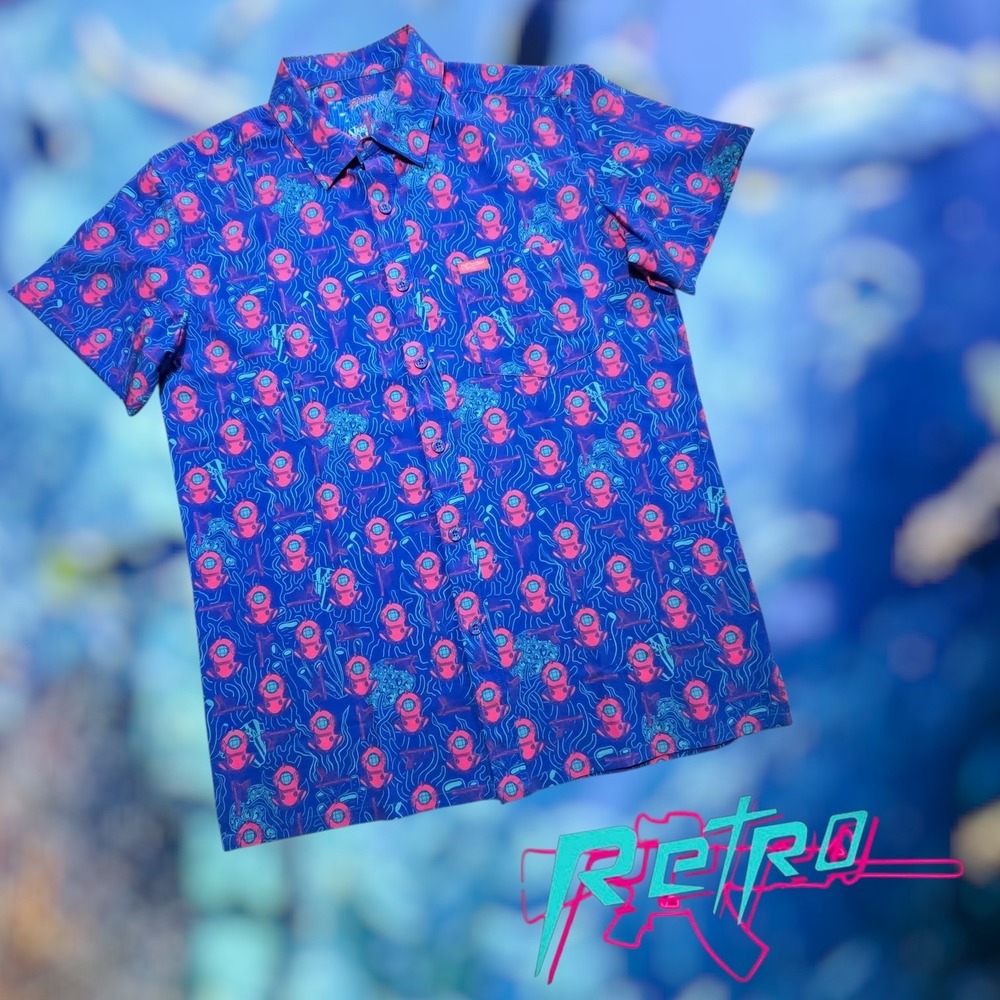 Retro Rifle Mens Deep Dive Stretch Button Down Shirt Blue Hot Pink AOP M